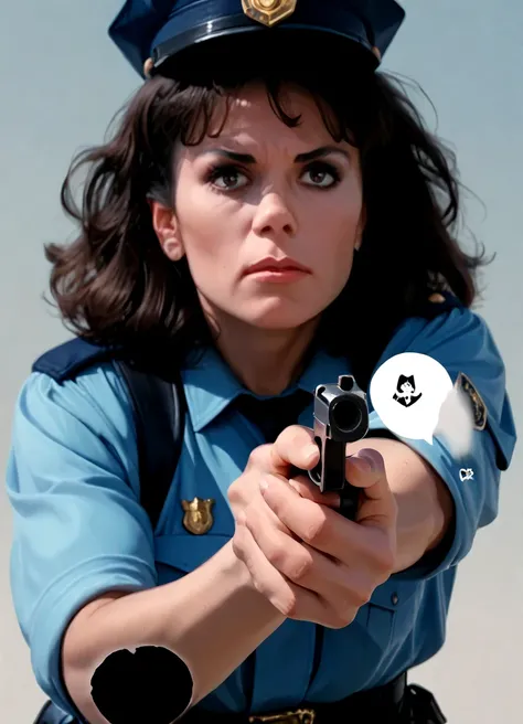 <lora:deedee_pony_v13:1> 1girl,dee dee mccall wearing a police uniform pointing a gun towards the camera, score_9, score_6_up, score_7_up