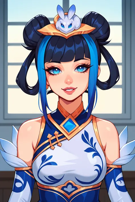 score_9, score_8_up, score_7_up, score_6_up, BREAK, LuxPorcelainXL, blue eyes, black hair, two-tone hair, short hair, blunt bangs, blue sidelocks, double bun, hair rings, hair ornament, medium breasts, white dress, detached sleeves, solo, front view, (port...