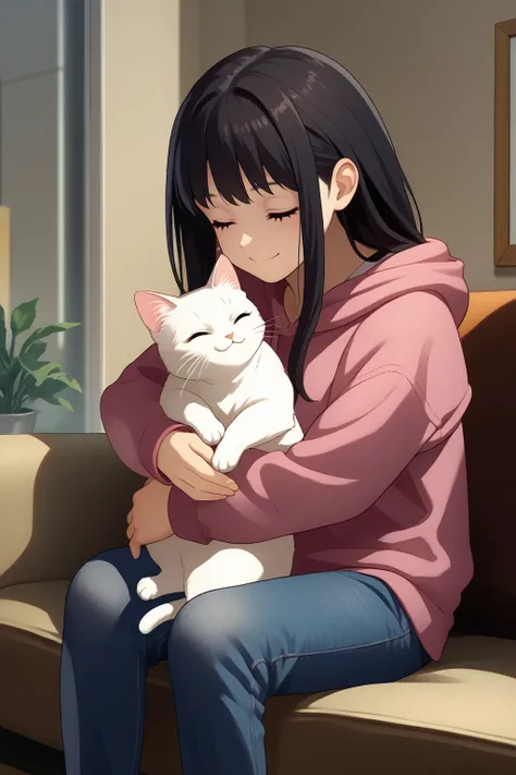 score_9, score_7_up, source_anime, cowboy shot, closed eyes, smiling, inetkn, long hair, black hair, purple eyes, hoodie, jeans, sitting, hugging, cat, indoors, apartment, <lora:Hoseki_LycorisRecoil_TakinaInoue_PDXL_v1:1>