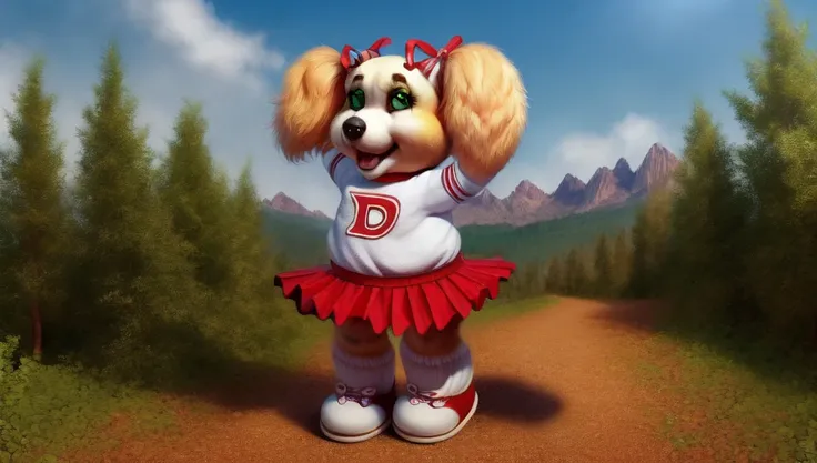 yttod dotty dog pup, anthro, green eyes, twintails, ribbon, shoes, red skirt, pleated skirt, socks, white sclera, white belly, yellow fur, textured fur, Forest, path, trees, sky clouds, mountains, to her full height.  by totesfleisch8