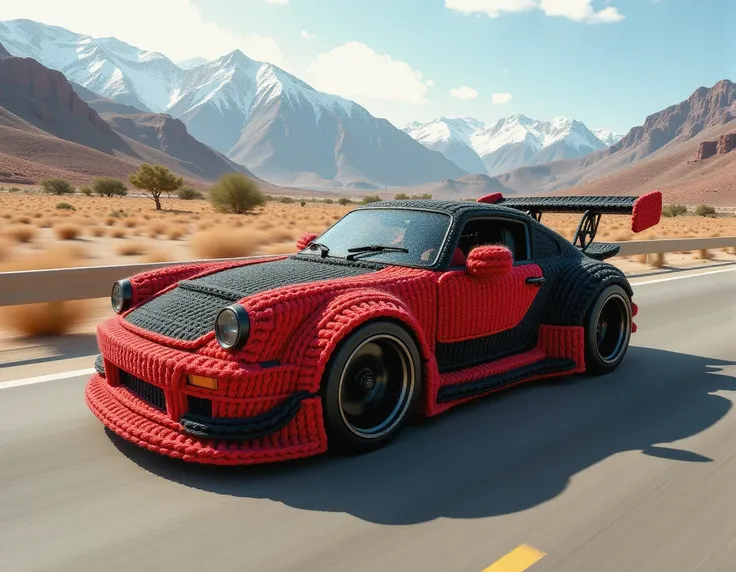 len style, a car speeding down a highway with a mountainous landscape in the background. The car is uniquely designed, appearing to be covered in a knitted or crocheted texture, featuring a combination of red and black colors. The vehicle has a sporty and ...