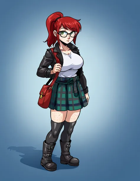 solo,  <lora:Gouda_Dunn_Artist_Style_-_PonyXL:1>  <lora:Bandi_XL:0.7> bandi, red hair, glasses, freckles, ponytail, side bangs, side_locks, sidelocks, green eyes, large breasts, tartan skirt, jacket, shirt, shoulder bag, boots, long black socks, thighhighs