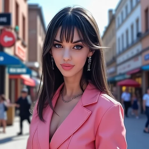 Black hair, girl blue eyes in city portrait , hiperrealistic, pink clothes