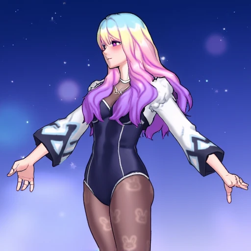 1girl, aur0ra, gradient hair, leotard, anime art, pantyhose, starry sky background look away, full body shot,