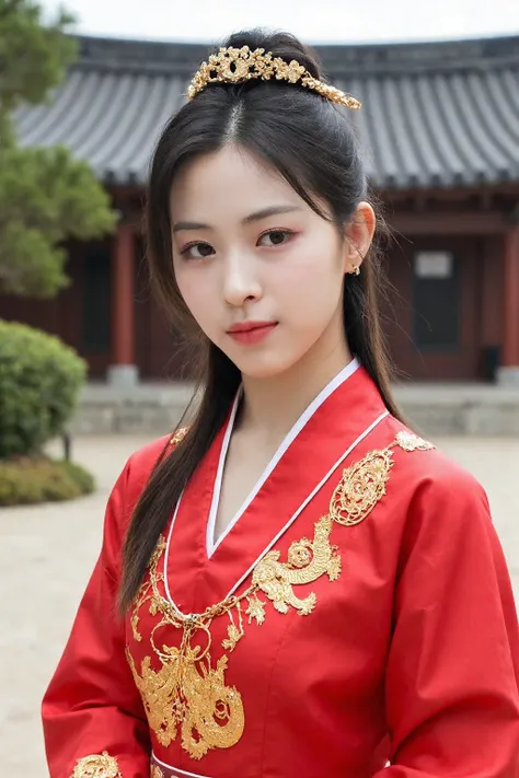 young korean woman with korean traditional red hanbok costume with intricate gold dragon details, korean temple and garden in the background, <lora:flux_realism_lora:1>,   <lora:makinaflux_ryujin_v1.1:1>