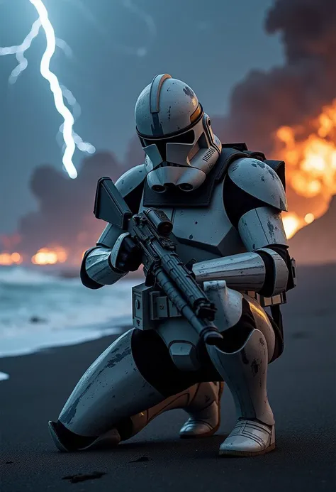 7-Phase2, clone trooper, crouched,  holding gun, military, explosions, detailed weapon
beach, storm, lightning, thunder, detailed waves, black sand
[strong lighting, cinematic masterpiece, highly detailed armour,  realistic armour, legendary, hyperrealism]