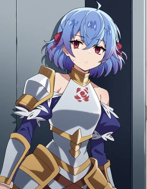 score_9, score_8_up, score_7_up, source_anime, <lora:ruti-ragnason-s1-ponyxl-lora-nochekaiser:1>, ruti ragnason, short hair, red eyes, ribbon, blue hair, hair ribbon, ahoge,, dress, bare shoulders, detached sleeves, armor, breastplate,, bus stop, waiting, ...