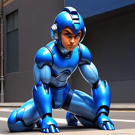 megaman, kneeling on a street, street level, blue robot, 3d++, smooth, high details, masterpiece, 4k, (handsome teen face), (realistic face:1.5), (high detailed face:1.5), (high detailed eyes:1.5), (serious), (focused)