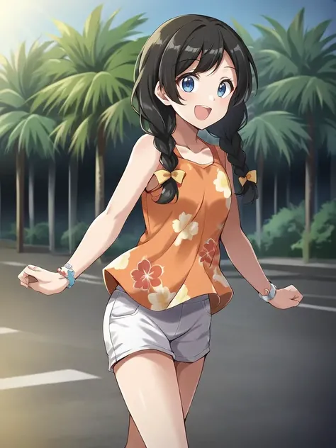 <lora:SMSeleneMizukitsukishiro:0.7>
1girl, solo, semilezuneki, twin braids, black hair, blue eyes, orange shirt, floral print, white shorts, standing, outdoors, street, tropical theme, smile, open mouth