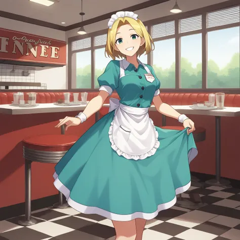 score_9, score_8_up, score_7_up, score_6_up, score_5_up, score_4_up, zPDXL2,source_anime,rating_questionable, cowboy shot,smile, looking at viewer, 1girl , waitress, teal dress, apron, <lora:Diner:0.8> d1ner, indoors, table, checkered floor, red booth chai...