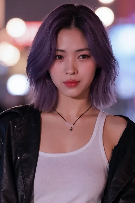 (medium full shot), beautiful korean girl with short purple hair wearing white tank top showing navel and black leather jacket, necklace, bokeh lights in the background, studio lighting, high quality, film grain, light reflections, blood vessels, pale skin...