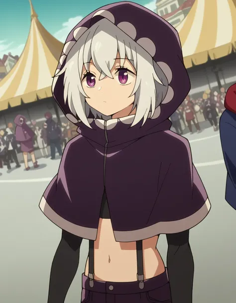 score_9, score_8_up, score_7_up, source_anime, <lora:tisse-garland-s1-ponyxl-lora-nochekaiser:1>, tisse garland, short hair, bangs, purple eyes, grey hair,, navel, midriff, hood, crop top, capelet, suspenders, cloak, hood up, hooded cloak,, street market, ...