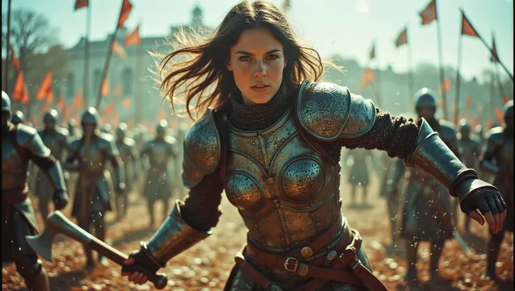 A fierce female warrior, clad in intricately designed armor, charges into battle with a determined expression. She wields a double-edged axe with expert precision, her long hair flowing behind her as she faces her enemies. The battlefield is chaotic, with ...