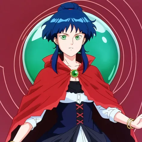 best quality, masterpeice, 1girl, solo, camilia, blue hair, green eyes, red cape, dress, magical background, cloak, glass ball