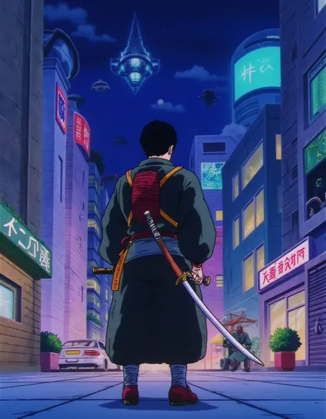 A dbzzz style image of a futuristic samurai standing in a street of a cyberpunk city by night. The samurai wears a mix of traditional clothes with modern, high-tech elements. He is holding a katana and facing away from the camera. The cityscape is a blend ...