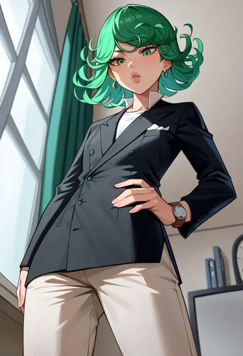 score_9, score_8_up, score_7_up, source_anime, hi res, masterpiece, best quality, highres, double-breasted suits, 1girl, solo, green hair, formal, jewelry, suit, necktie, earrings, pants, jacket, shirt, standing, hand in pocket, short hair, window, green e...