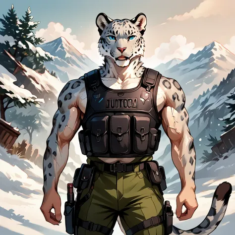 source_anime,zPDXL, fcNeg,saturated colors,best quality, very aesthetic,
anthro, snow leopard, solo, male, adult, veiny muscles, muscular, bulletproof vest, military pants, realistic scales, detailed background, wilderness background, realistic, photoreali...