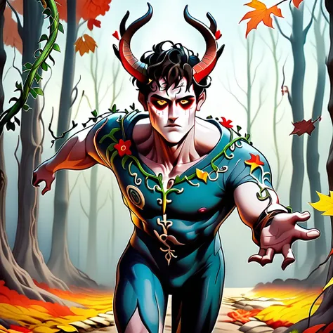 dynamic pose, autumn woods scene, 1boy, the woods man, porcelain skin, porcelain horns, medium length black hair, muscular male, pecs, draped in flowers and vines, reaching out to the viewer