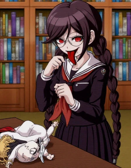 <lora:Toko_Fukawa:1.4> The image has a danganronpa sprite style. Genocider Sho is wearing her uniform from Danganronpa 1. Her long dark purple hair is in two braids behind her that are pulled back from her face to frame her features. She has dark red eyes,...