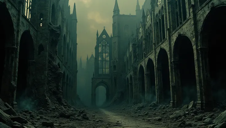 A grand cathedral now in a state of decay, its once-majestic spires crumbling and overgrown with ivy. The stained glass windows are shattered, and the interior is filled with rubble and debris. The air is cold and damp, and the smell of mildew permeates th...