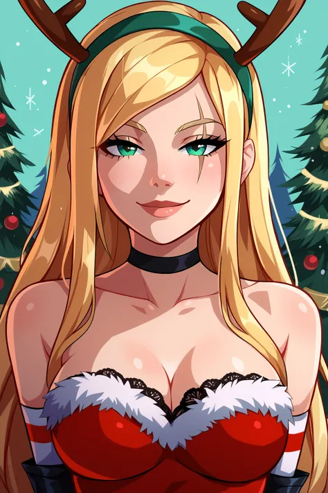 score_9, score_8_up, score_7_up, score_6_up, BREAK, KatarinaSBXL, scar on eye, green eyes, blonde hair, long hair, reindeer antlers, green hairband, black choker, medium breasts, santa costume, cleavage, fur trim, strapless dress, red dress, detached sleev...