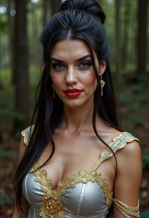 fantasy princes woman,black hair ,red lips,very freckles , hair very gathered with a bun ,very blue eyes, forest, big breats,portrait,fantasy golden and silver dress,  expresive face, detailed eyes ,gesticulated, blue eyes, caucasian skin,