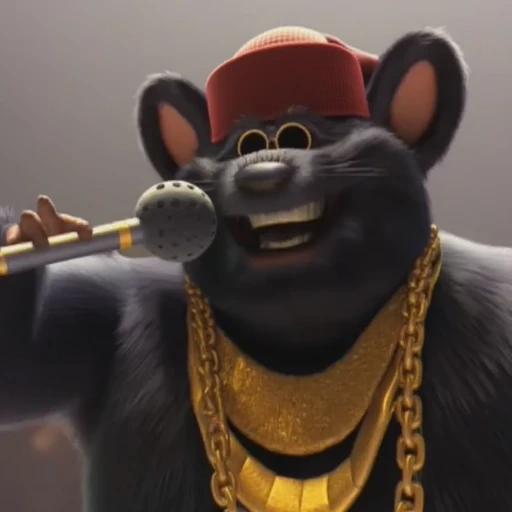 ears, red hat, black fur, red beanie, sunglasses, microphone, black nose, jewelry, 1boy, obsese, biggie cheese, whiskers, chain, eyewear, neckwear, furry male, overweight, short stack, fat