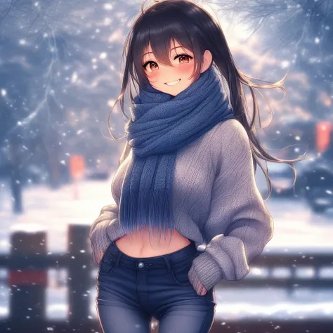 With a grey wool sweater, winter, snowfall, standing, smiling to camera, perfect body, nice curves, long legs, boots, f/5.6, highly detailed, masterpiece, high raise pants, blue jean, anime style, cute girlfriend, scarf, blushing nose and cheeks, 0°C