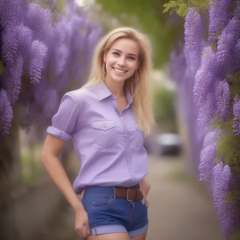 upper body, outdoors, smile, flower, looking at viewer, earrings, blurry, portrait, boots, brown eyes, shorts, denim, blonde hair, realistic, shirt, blurry background, wisteria