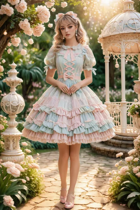 highly detailed (full body photograph) of a young woman 
wearing an extravagant soft pastel sweetegl dress, intricate lace, bows, and frills, voluminous skirt and puffy sleeves 
standing in a whimsical, fairy-tale-like garden with blooming flowers, twinkli...