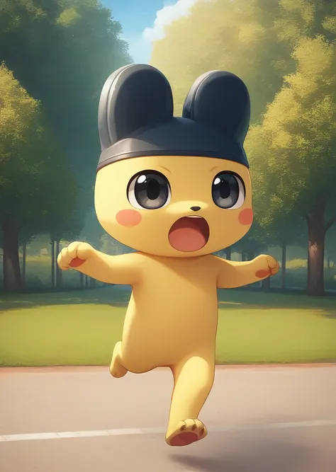 score_9, score_8_up, score_7_up, (Mametchi), 1boy, solo, detailed background, park, open mouth, black eyes, black hat, cute, furry, running, yellow, skin