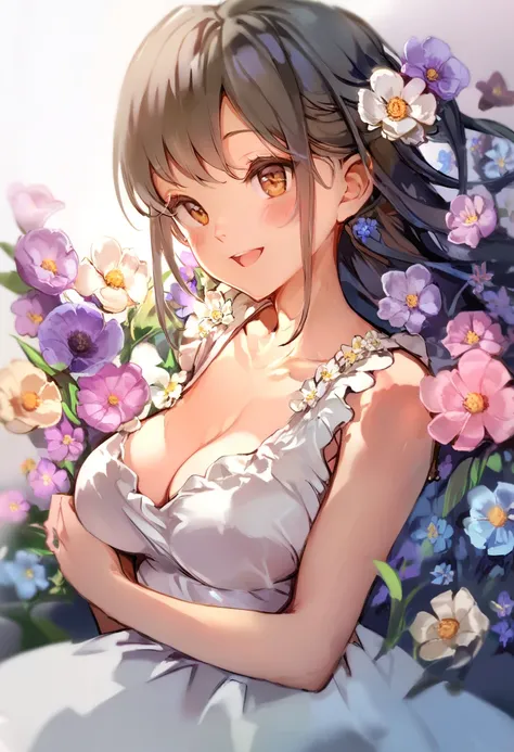 score_9, score_8_up, score_7_up, score_6_up, <lora:anmiXL_P6_lokr_V53P1:0.95> 1girl, breasts, solo, flower, cleavage, smile, upper body, looking at viewer, open mouth, blush, purple flower, collarbone, long hair, black hair, dress, bangs, white flower, :d,...