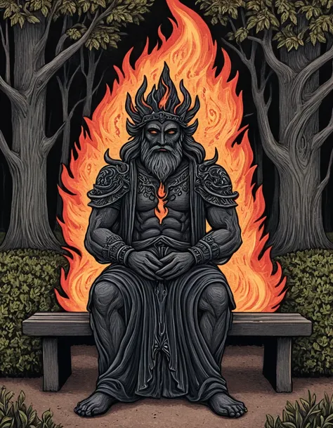 novuschroma81 style deity of fire  sitting on a park bench  illustration <lora:novuschroma81 style:1>