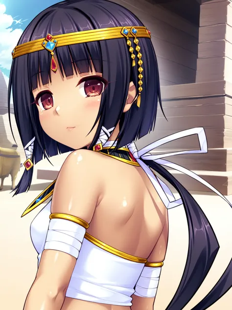 <lora:happy_tentacle-arle-v0.1-000034:1>, ht_arle, low ponytail, hair ribbon, mummy, egyptian clothes, bandaged arm, circlet, armlet, usekh collar, desert, middle eastern architecture , 1girl, solo, upper body , , ( naughty face :1.2), , looking back , , f...