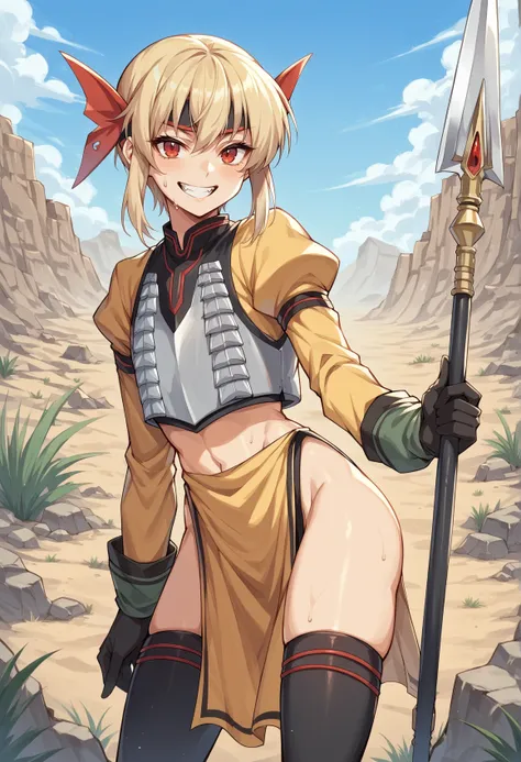 1girl, short hair, blonde hair, sidelocks, red eyes, fang, headband, hair ornament, long sleeves, gloves, body armor, pelvic curtain, thighhighs, holding polearm, spear, smile, looking at viewer, outdoors, desert, sweat <lora:Sharon_V2:1>, score_9, score_8...