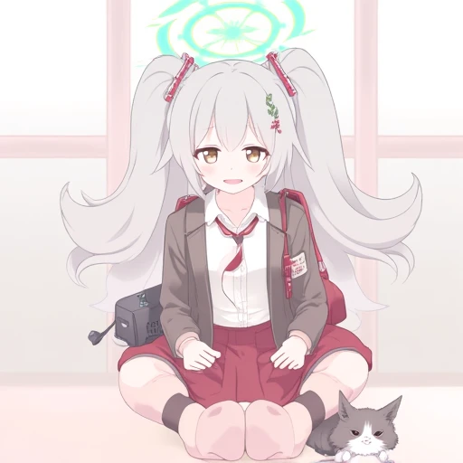 1girl, cat, halo, horns, skirt, necktie, grey hair, twintails, open mouth, red skirt, bag, ahoge, breasts, pleated skirt, white shirt, red necktie, large breasts, blush, shirt, animal, collared shirt, shoes, school uniform, socks, solo, hair ornament, jack...