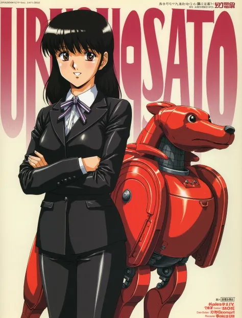 a pulp cult anime illustration from japan; featuring a smiling girl in a sleek all-black school uniform reminiscent of the eras iconic style. Adorned in a classic serafuku, her black hair frames her face elegantly as she stands next to a vibrant red mecha-...