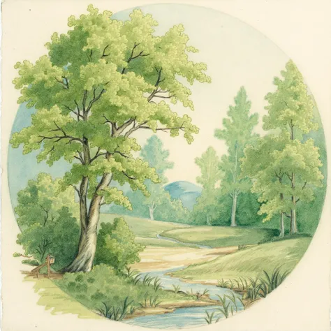 a drawing by Rbns, a green spring forest with tree and a river. The color palette is soft dominated by whites greens and earthy tones evoking a sense of peace and tranquility.