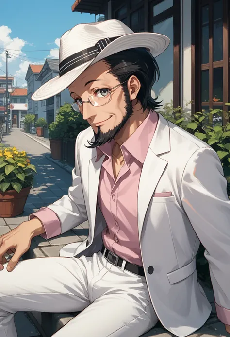 score_9, score_8_up, score_7_up, source_anime, BREAK, solo, 1boy, smile, looking at viewer,  <lora:Sojiro-pdxl_Fp:1>, sojiro, short hair, black hair, beard, grey eyes, glasses, collared shirt, pink shirt, white suit, white pants, hat, outdoors, sitting,