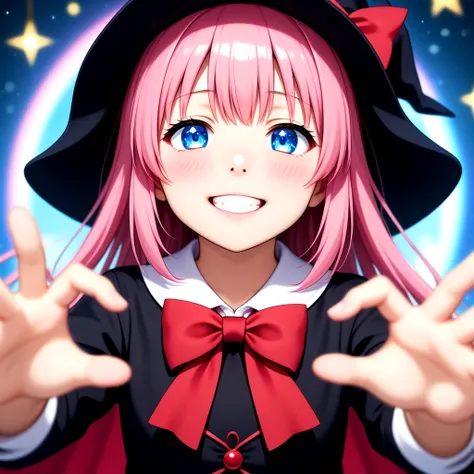 masterpiece, best quality, high quality, highres, a girl in a witches hat and black dress with lights behind her with a starburst, blurry, depth_of_field, facing_viewer, red_sky, smile, solo, bloodborne, a hologram, magical, (flat_color:1.2), (anime_colori...