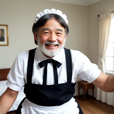 solo, 60 years old beard man with maid headdress and maid apron, arm hair, happy, realistic