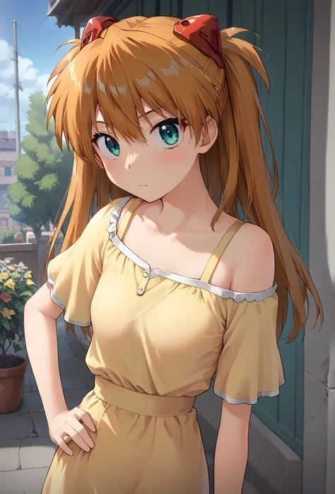 score_9, score_8_up, score_7, 2d, source_anime, BREAK, upperbody, 1girl, one hand on hip, outdoors, blue skies, windy day, asuka langley, twintails, orange hair, aqua eyes, small breasts, yellow loose summer dress, low cut dress, slight blush, looking at v...