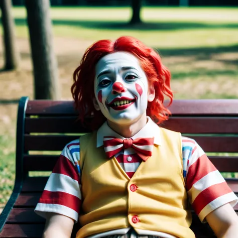 old man clown face and red afro hair, chromatic_aberration, clown, cosplay_photo, depth_of_field, figure, film_grain, photorealistic, a yellow vest with a red and white striped shirt, hisoka morow pose of abe takakazu, lying park bench, detailed face, horr...