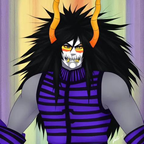 ghb, muscular, horns, yellow sclera, teeth, 1boy, solo, grey skin, black hair, sharp teeth, male focus, long hair, colored sclera, colored skin, upper body, fangs, striped clothes, face paint,