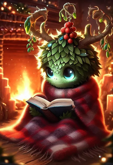 score_9, score_8_up, score_7_up, bushbabies, mistletoe, antlers, fireplace, reading a book, cozy, blanket