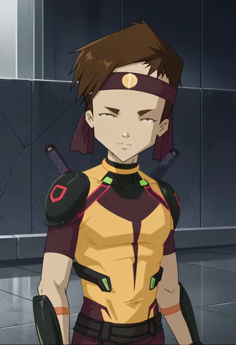 score_9, score_8_up, score_7_up, source_anime, rating_safe, UlrichCL, brown_Ulrich_hair, black_Ulrich_eyes, 1boy, male focus, anime screencap, purple-yellow_Ulrich_cloth headband, black-red_Ulrich_shoulder pads, black-yellow_Ulrich_bodysuit, black_Ulrich_f...