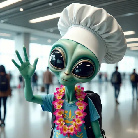 A smiling turquoise alien, waving hello, chefs hat, large black eyes, Hawaiian t-shirt, lei, backpack, in an airport, coming back from vacation