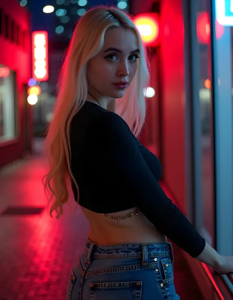 In a gritty, urban noir setting, the captivating JU4Y3RSYU, a woman with striking blonde hair cascading down her back, is positioned at the edge of a dimly lit neon-lit alleyway. Her eyes, filled with an intensity that mirrors the pulsating city lights, ar...