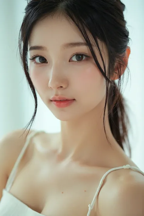 RAW photo, a beautiful korean girl with wearing a mini dress, dslr, soft lighting, high quality, film grain, Fujifilm XT3 small chin, (no freckles:0.5), (no cleft chin:1.5), perfect eyes, glowing irises, ((even eyes)), ((even pupils)), round iris, detailed...
