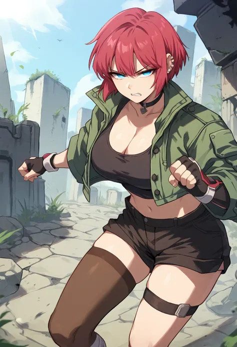 score_9, score_8_up, score_7_up, score_6_up, source_anime, rating_explicit, 1girl, solo, huge breasts,<lora:Cha Yeon-ju prefectPonyxl:0.85> red hair, blue eyes, short hair, pink hair, ear piercing, black choker, green jacket, open jacket, cropped jacket, c...